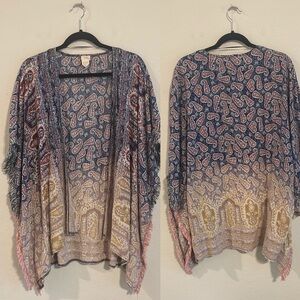 Hyku Women Kimono Blue & Red Ombre Colorful Paisley Longline Open Front Bohemian